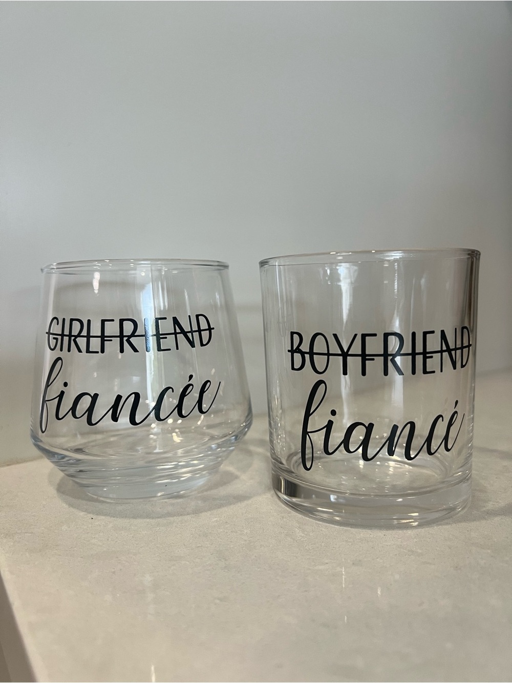 Clear Stemless & Rocks Glasses Set with Black Script 'fiancé/fiancée'